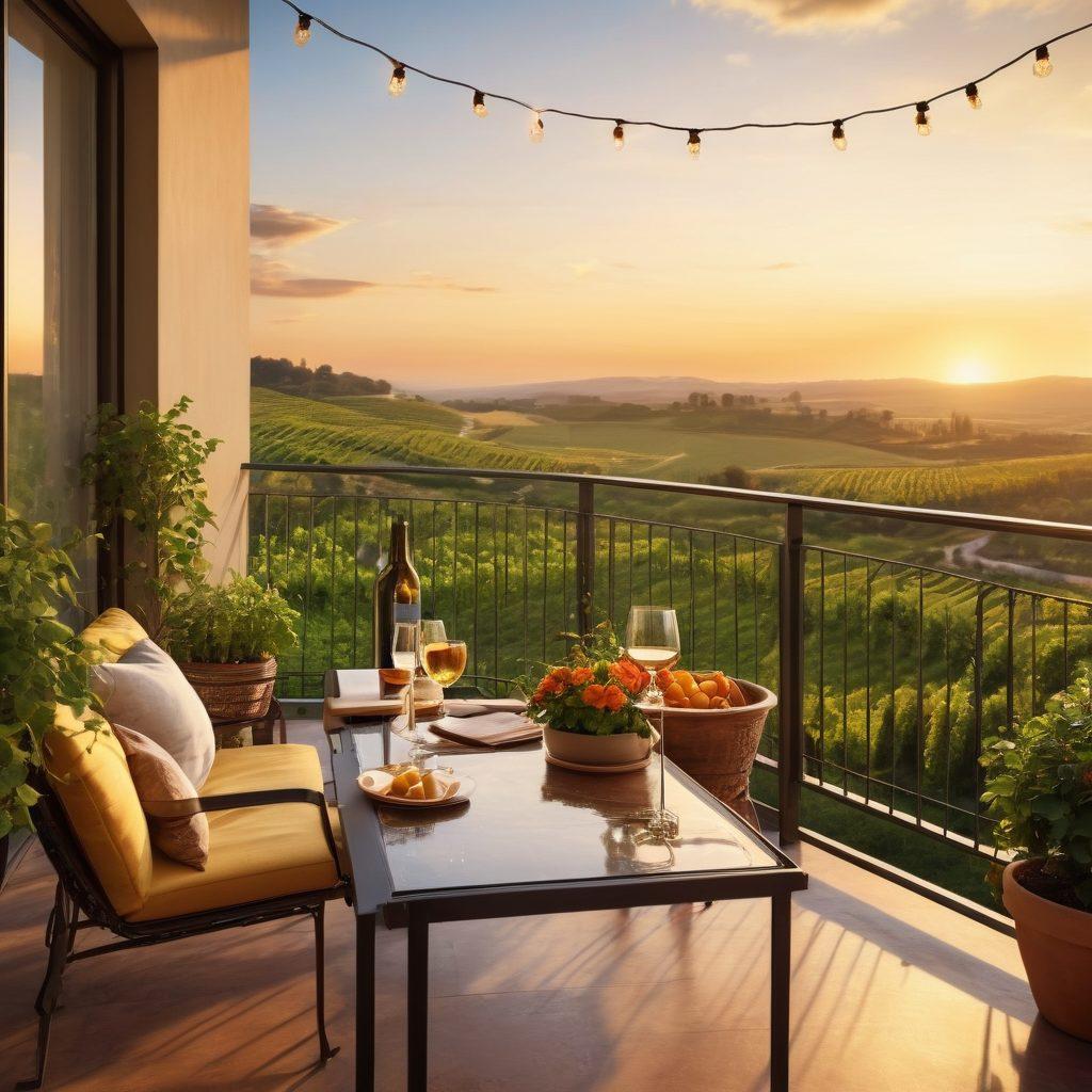 A luxurious apartment balcony overlooking lush green vineyards under a golden sunset, with a stylish wine glass placed on a table, and string lights gently illuminating the scene. The balcony features modern furniture and potted plants, giving an inviting atmosphere. The sky is painted with warm colors, reflecting tranquility and elegance. super-realistic. vibrant colors. soft focus.
