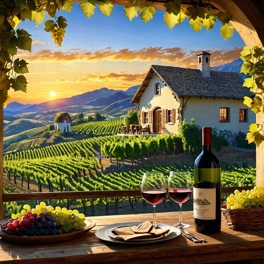 A scenic view of rolling vineyards under a golden sunset, with a cozy cottage nestled among the grapes. Include a beautifully set table with wine glasses and an inviting bottle of red wine. Add a backdrop of mountains and a clear blue sky enhancing the tranquility of the getaway. super-realistic. vibrant colors. 3D.