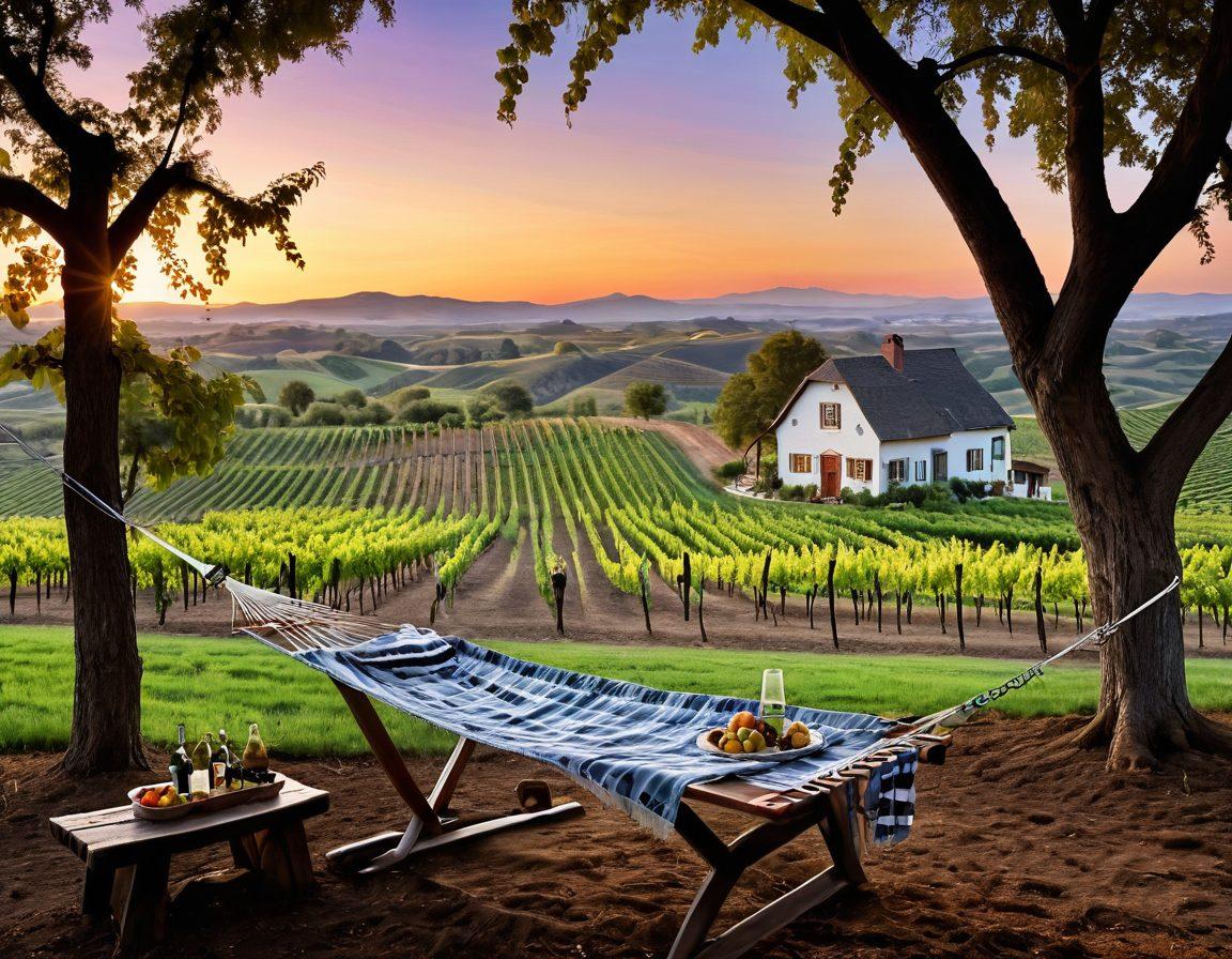 A serene vineyard landscape at sunset, with rows of grapevines stretching into the horizon, a cozy cottage nestled among the hills, and a picnic setup featuring a bottle of wine and glasses on a rustic table. Include elements of relaxation, such as a hammock hanging between two trees and distant rolling hills. The scene should evoke a sense of adventure and tranquility. vibrant colors. super-realistic.